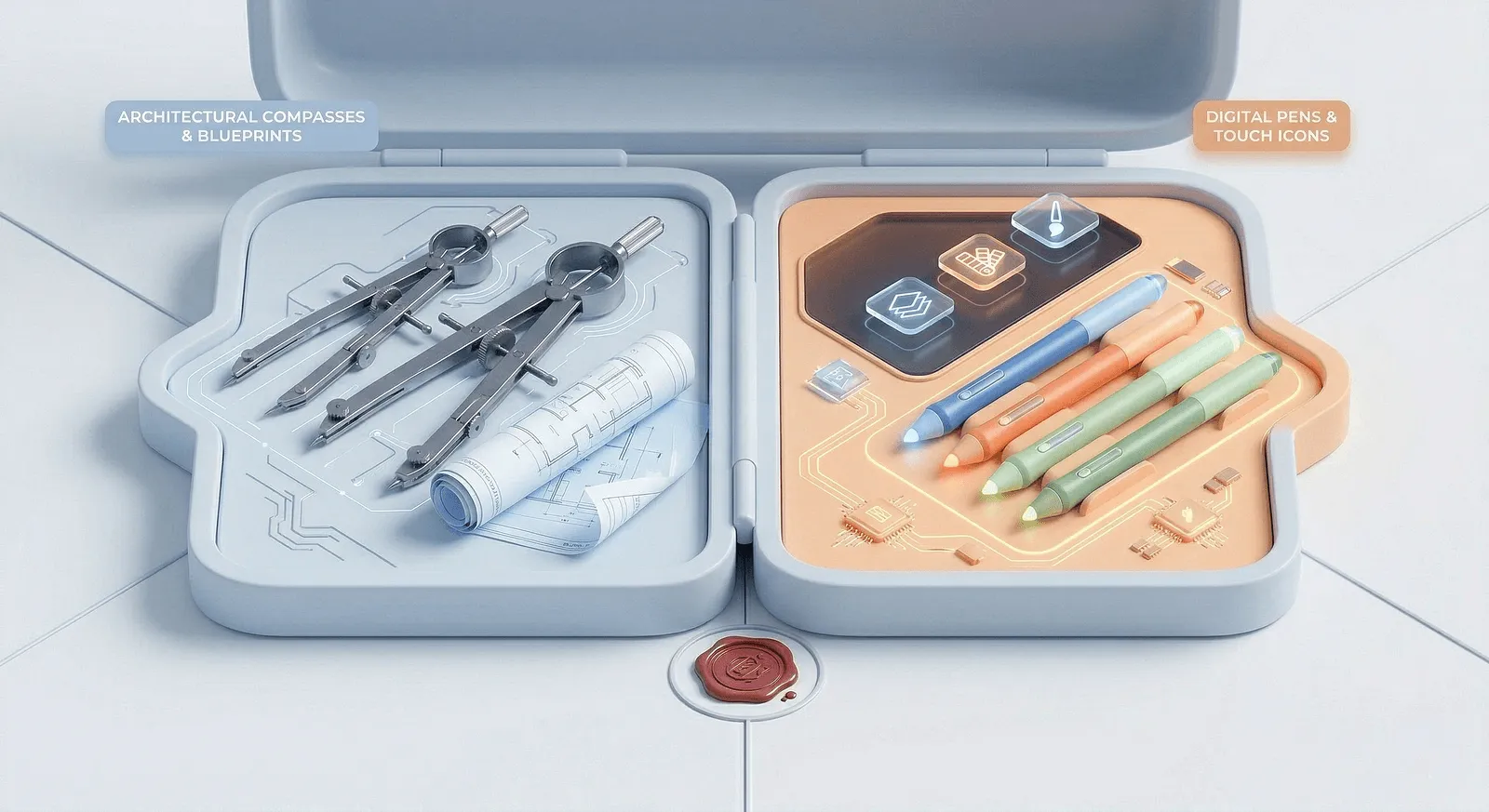 Toolbox with two compartments: architectural compasses and rolled blueprints on one side, digital pens and glowing touch icons on the other