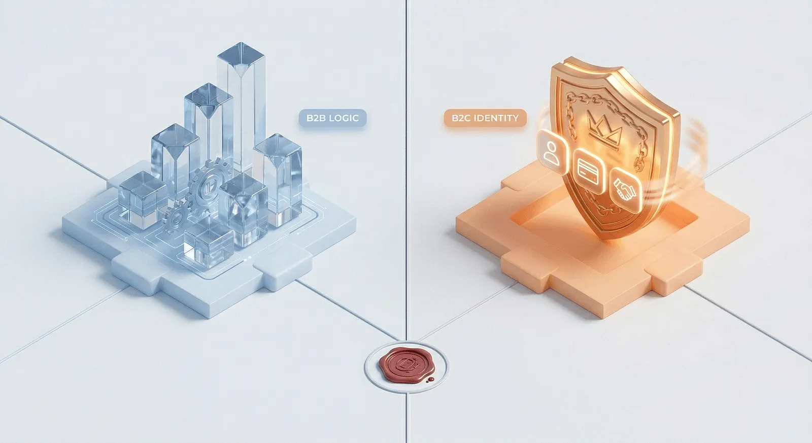 Crystal bar chart with gears labeled B2B logic beside a glowing golden shield labeled B2C identity