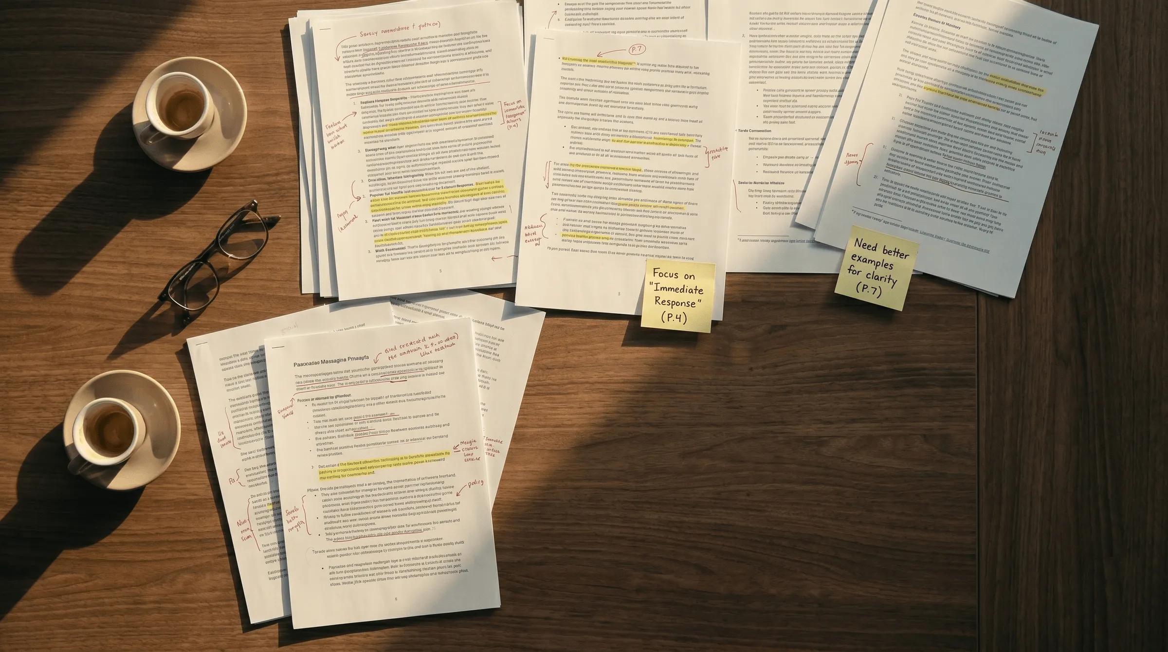 Overhead view of a wooden table covered with marked-up printed pages, red pen annotations, yellow highlighter marks, sticky notes, two empty espresso cups, and a pair of reading glasses set aside.