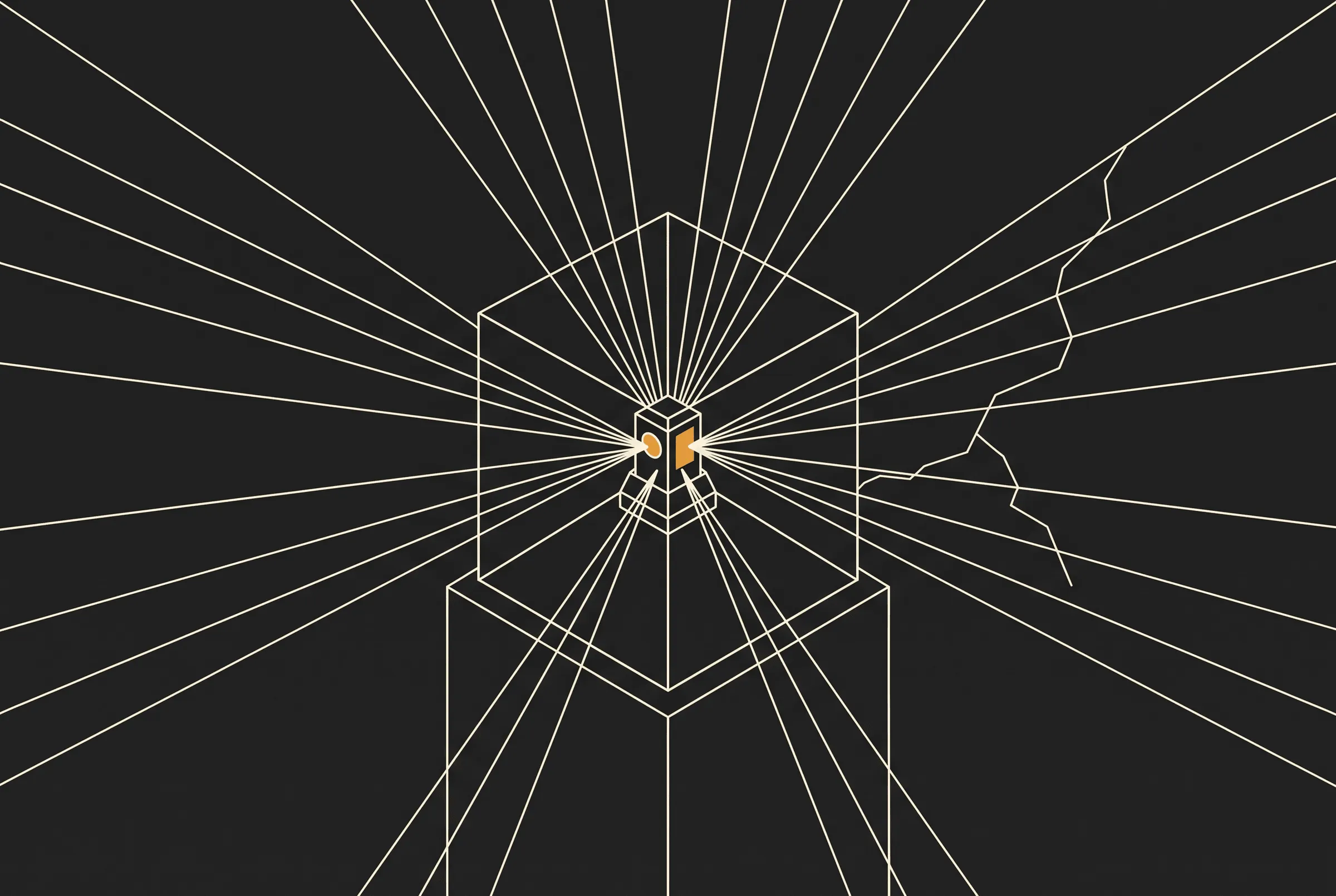 Illustration of a small vault-like structure inside a wireframe enclosure with dozens of attack lines radiating toward it from every direction, and a single crack forming off to the side.