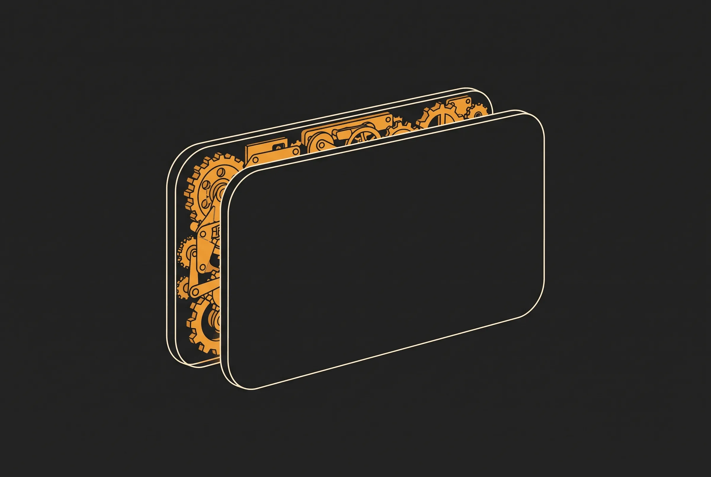 Illustration of a sleek device with a completely blank front panel, concealing a dense mechanism of gears and machinery behind it.
