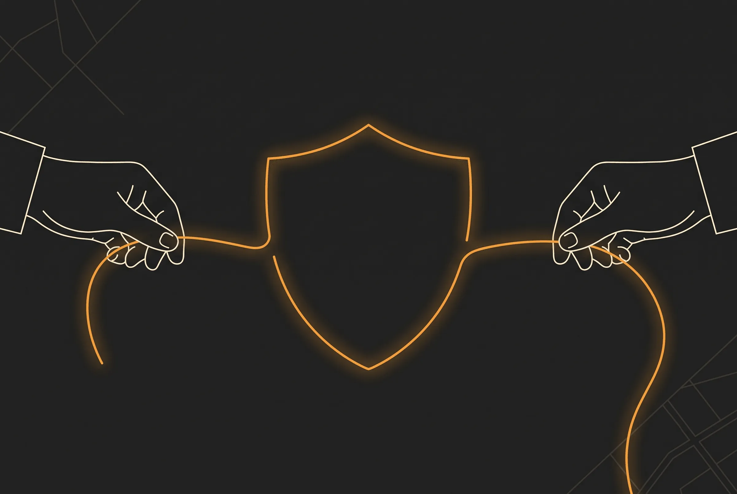 Illustration of two hands holding opposite ends of a single glowing thread that forms the outline of a shield between them.