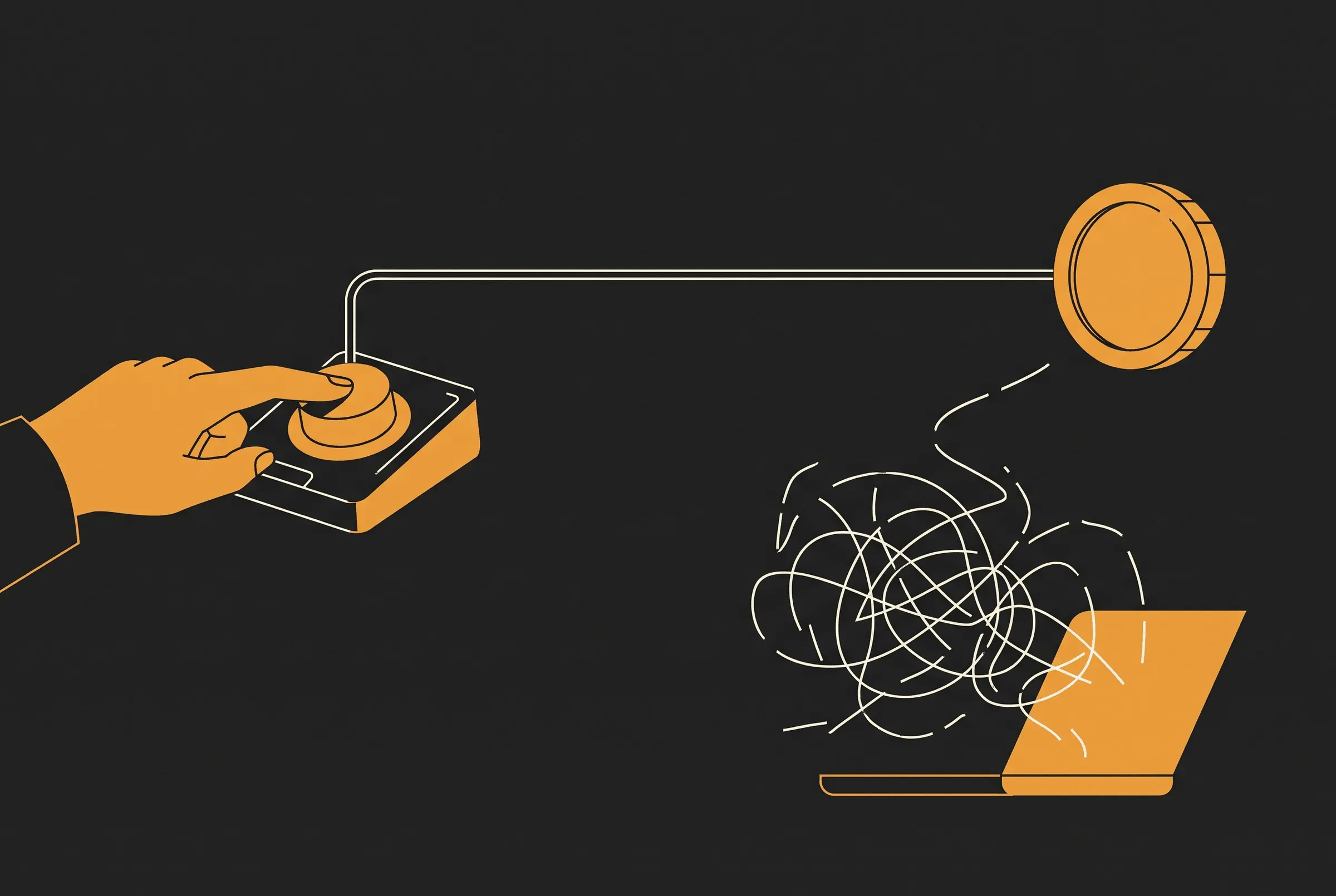 Illustration of a hand pressing a physical button connected by a clean straight wire to a coin, while a tangled scribble of lines rising from a laptop fails to reach it.