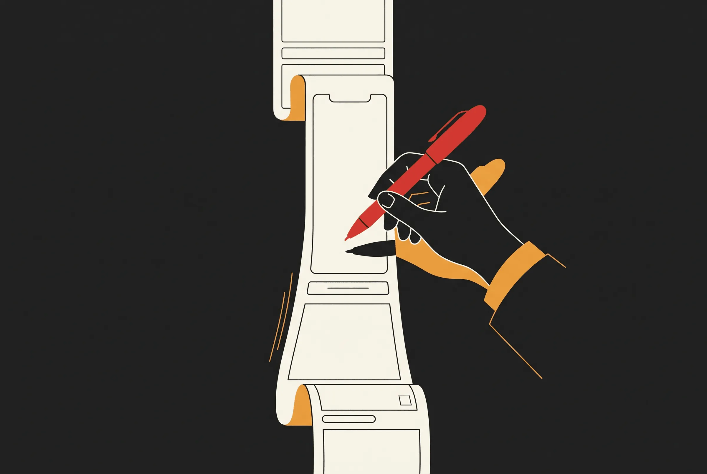 Illustration of a hand holding a red pen poised over a long scroll of onboarding screens unrolling from a phone.