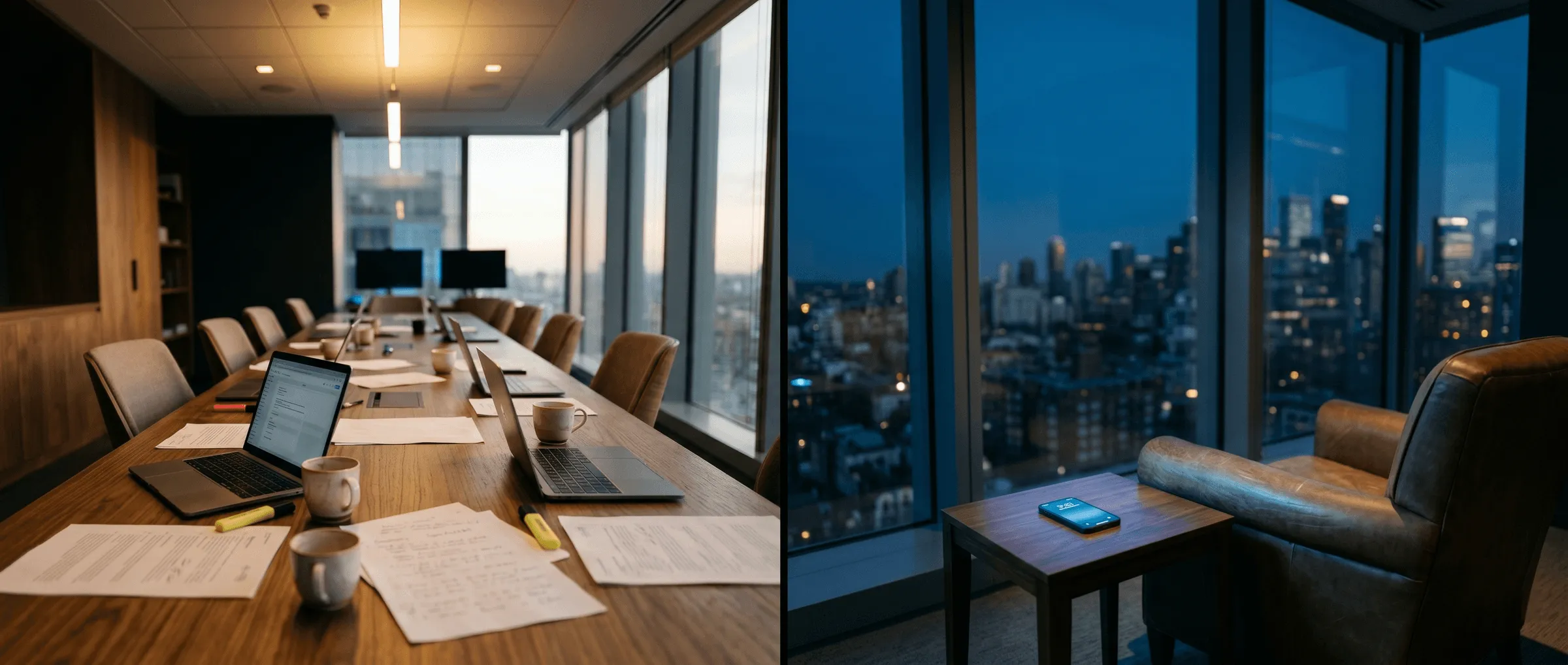 Diptych of two empty rooms: on the left, a conference table covered in open laptops, printed pages, coffee cups, and highlighters; on the right, an armchair facing a dark window with a softly glowing phone on the side table.