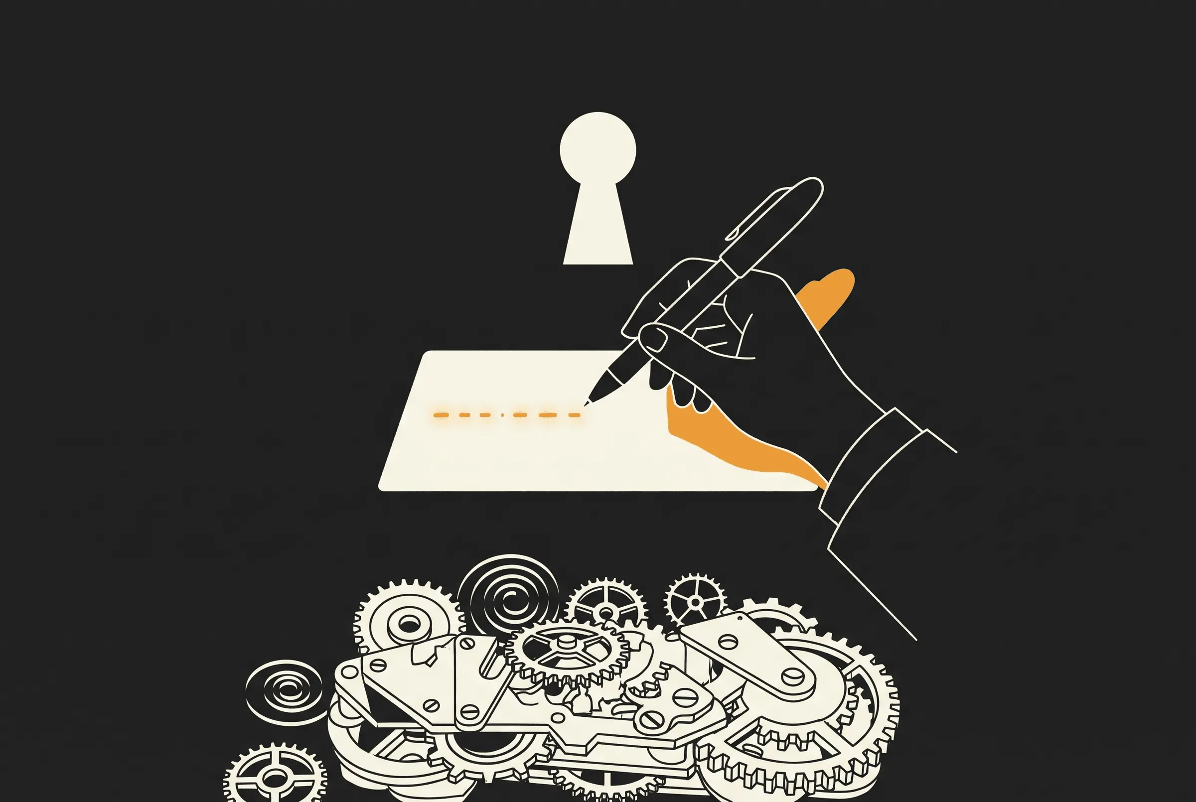 Illustration of a hand writing a row of dashes on a paper card beneath a keyhole, with a pile of clockwork gears below.